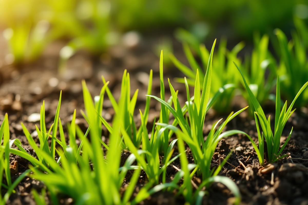 New grass seedlings sprouting through soil in a thin lawn