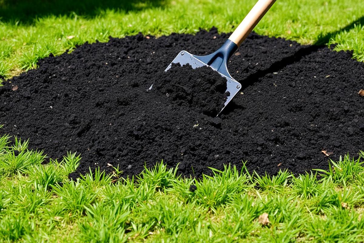 Dark screened soil blend being spread in a thin layer over green grass